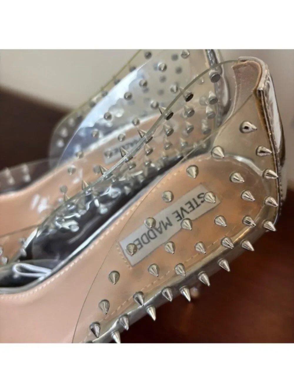 Steve‎ Madden Vala Silver Spike Stud Clear Stiletto 4